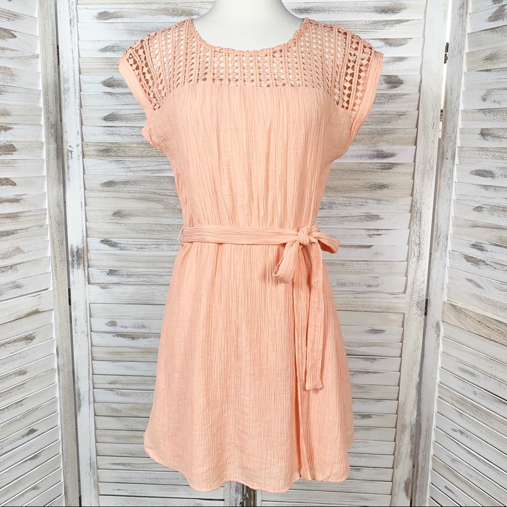 Sweet Wanderer | Peach Lattice Panel Crinkle Dress